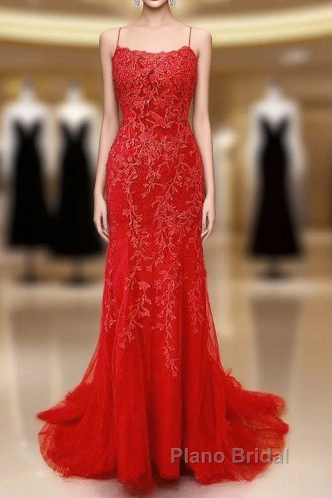Sexy Long Lace Red Formal Prom Dresses Open Back Main image