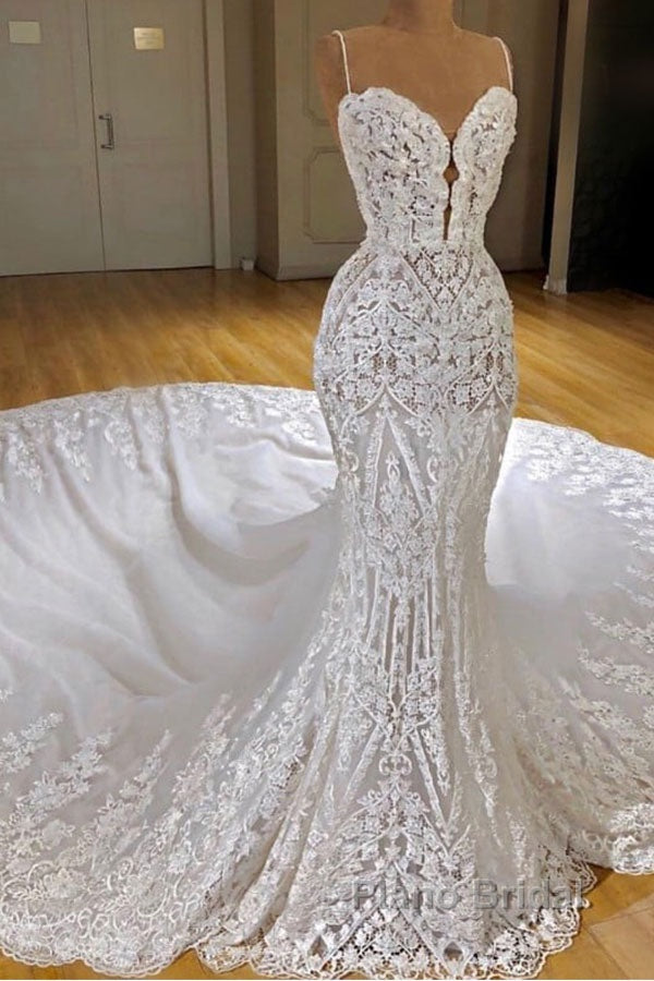 Sexy Long Mermaid V-neck Spaghetti Straps Appliques Lace Wedding Dress Secondary image