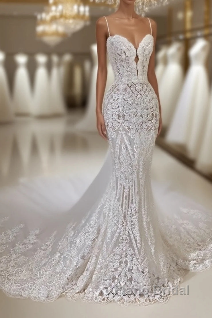 Sexy Long Mermaid V-neck Spaghetti Straps Appliques Lace Wedding Dress Main image