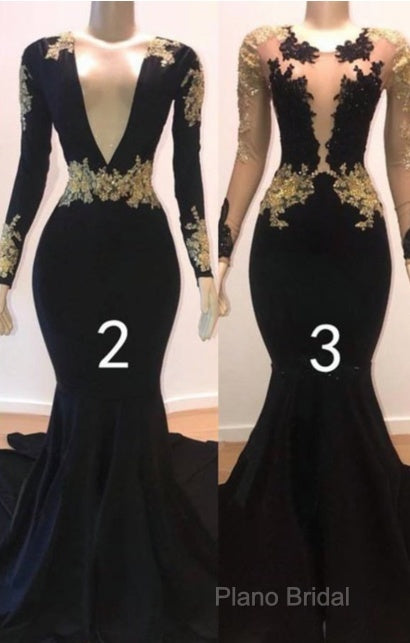 Sexy Long Sleeve Black Gold Formal Prom Dresses V Neck Appliques Formal Dresses Secondary image
