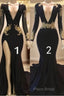 Sexy Long Sleeve Black Gold Formal Prom Dresses V Neck Appliques Formal Dresses