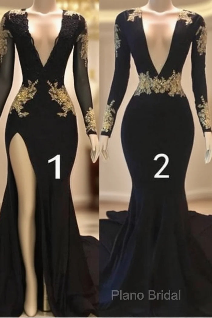 Sexy Long Sleeve Black Gold Formal Prom Dresses V Neck Appliques Formal Dresses Main image