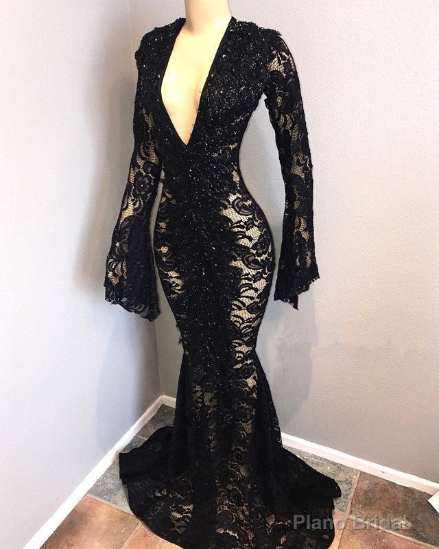 Sexy Long Sleeves Black Mermaid Prom Dress Lace V-neck Long Secondary image
