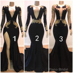 Sexy Long Sleeves Black Mermaid Prom Dress Sequins Long Deep V-neck With Split