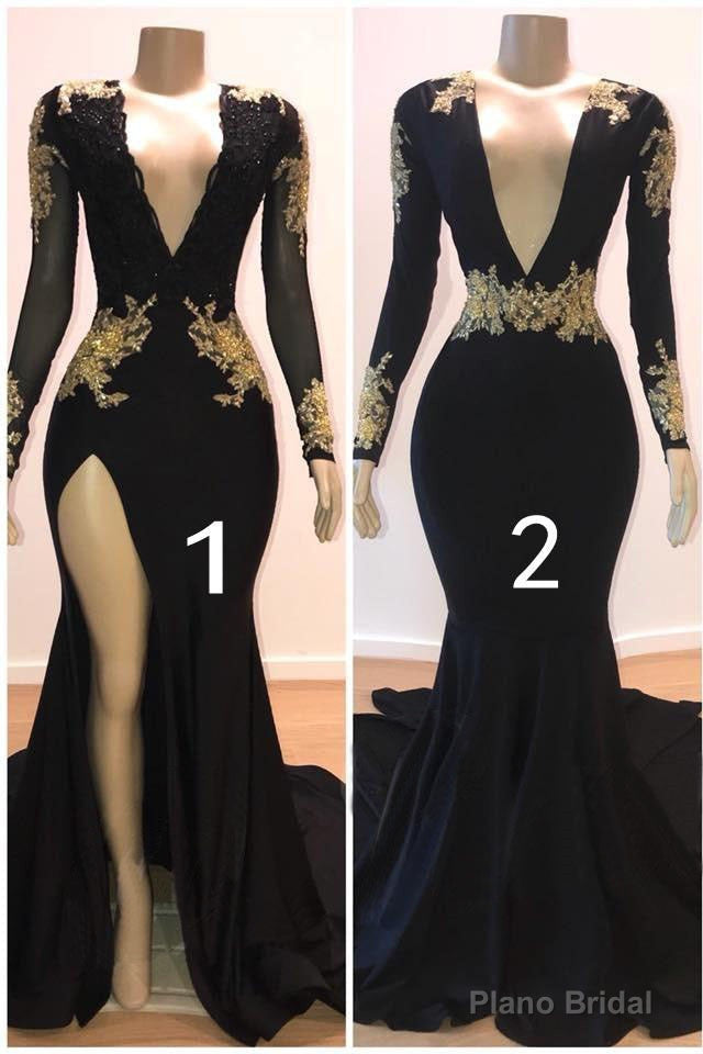 Sexy Long Sleeves Black Mermaid Prom Dress Sequins Long Deep V-neck With Split