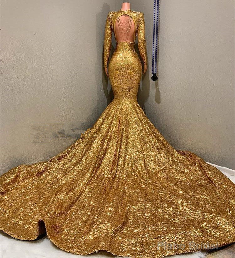 Sexy Long Sleeves Gold Mermaid Prom Dress Sequins V-neck Backless Long Secondary image