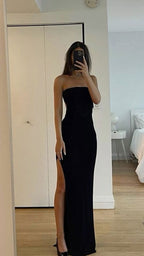 Sexy Mermaid Black Strapless Slit Formal Prom Dresses 17Th Birthday Outfits