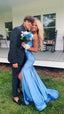 Sexy Mermaid Blue Slit Formal Evening Formal Prom Dresses Birthday Outfits