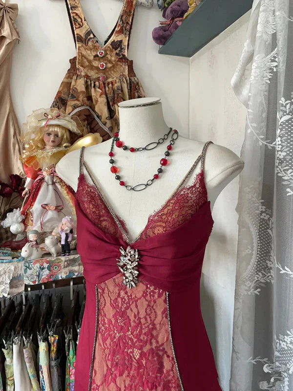 Sexy Mermaid Spaghetti Straps Red Lace Formal Prom Dresses Long Party Dresses