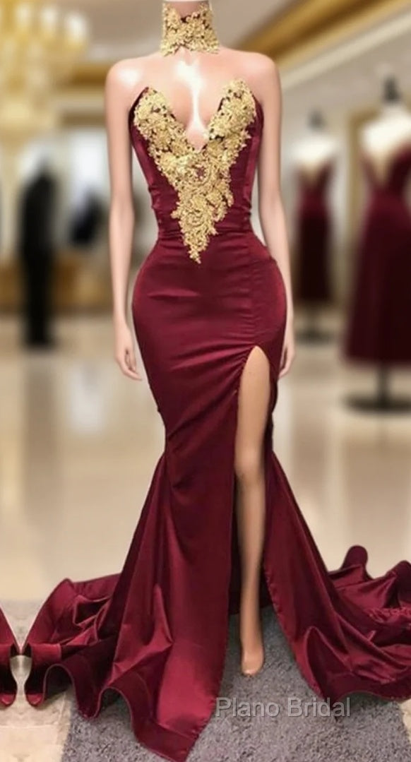 Sexy Mermaid Front-Split Lace High Neck Burgundy Formal Prom Dresses
