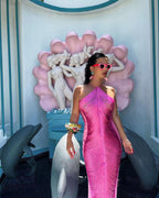 Sexy Mermaid Halter Hot Pink Long Formal Prom Dresses