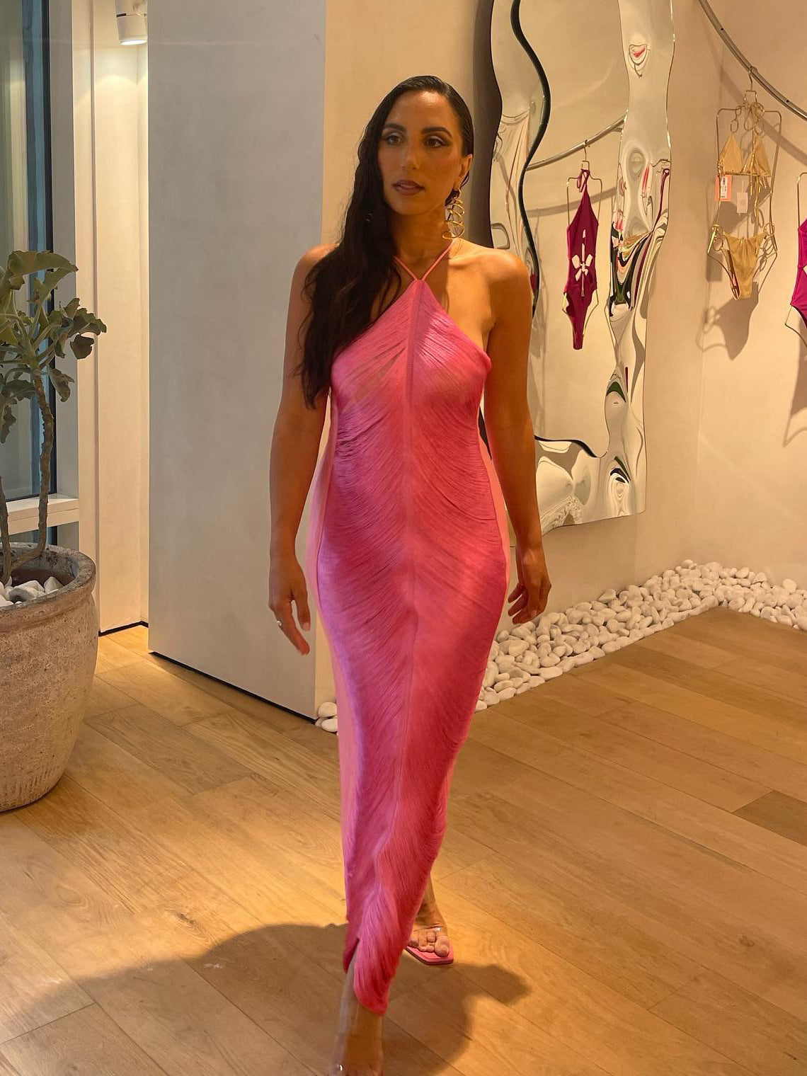 Sexy Mermaid Halter Hot Pink Long Formal Prom Dresses