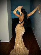 Sexy Mermaid Halter Red Sequin Long Formal Prom Dresses With Gloves