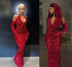 Sexy Mermaid Halter Red Sequin Long Formal Prom Dresses With Gloves
