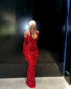 Sexy Mermaid Halter Red Sequin Long Formal Prom Dresses With Gloves