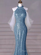 Sexy Mermaid Halter Sequin Blue Floor Length Formal Prom Dresses