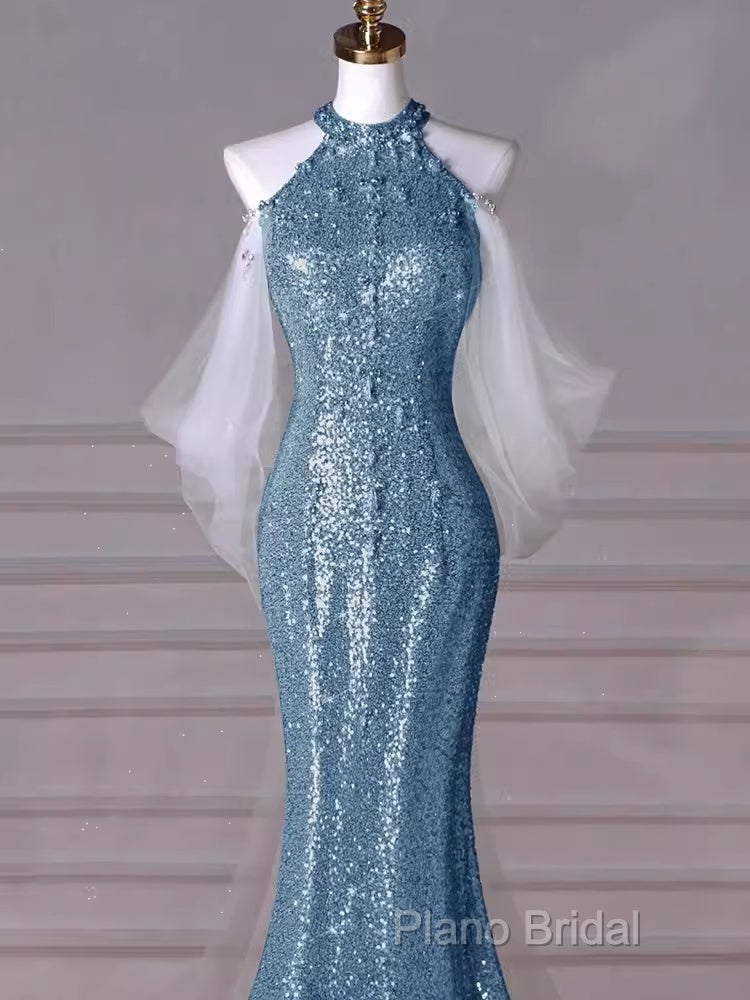 Sexy Mermaid Halter Sequin Blue Floor Length Formal Prom Dresses