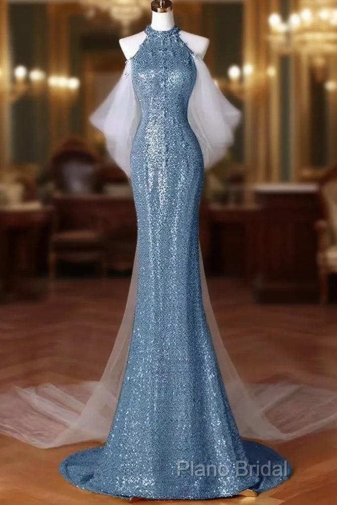 Sexy Mermaid Halter Sequin Blue Floor Length Formal Prom Dresses Main image