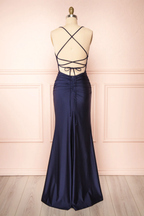 Sexy Mermaid Halter Sleeveless Navy Blue Long Formal Prom Dresses
