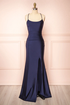 Sexy Mermaid Halter Sleeveless Navy Blue Long Formal Prom Dresses
