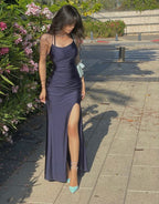 Sexy Mermaid Halter Sleeveless Navy Blue Long Formal Prom Dresses