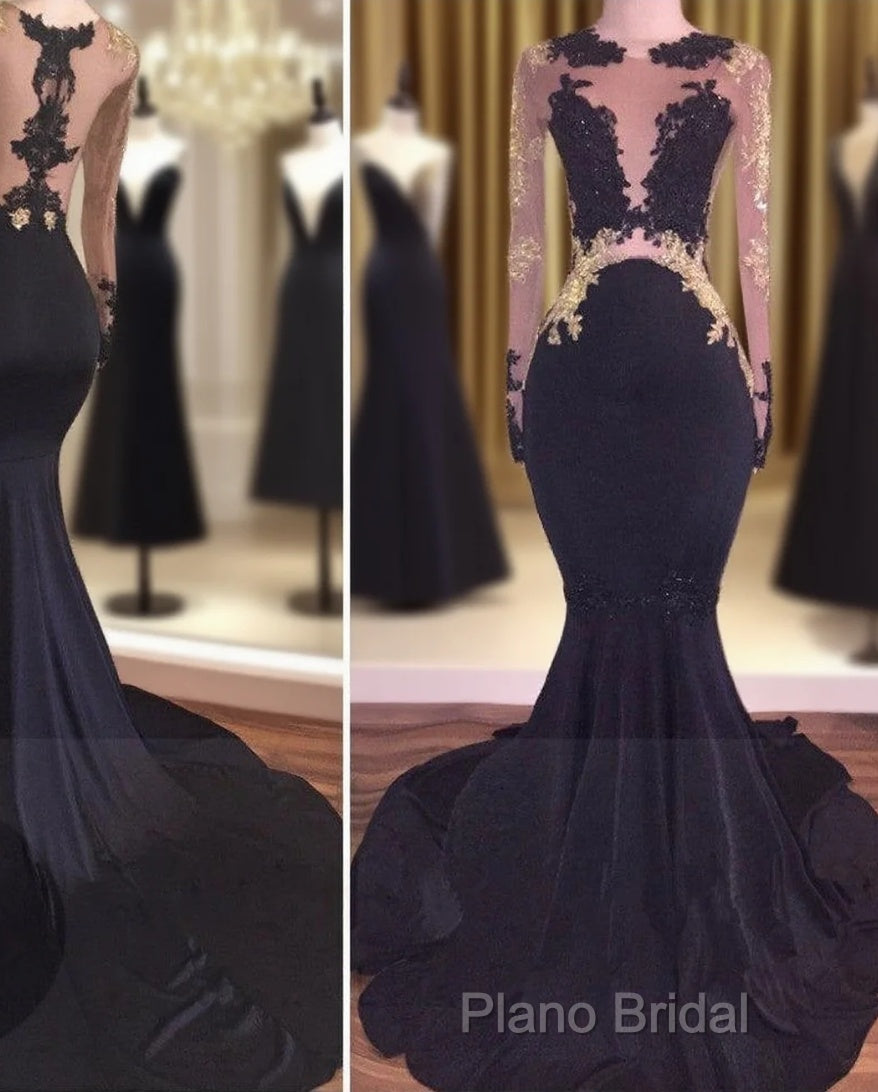 Sexy Mermaid Lace Black Gold Formal Prom Dresses Main image