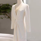 Sexy Mermaid Long Sleeves V Neckline Satin White Long Wedding Dresses Brides Dresses