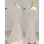 Sexy Mermaid Long Sleeves V Neckline Satin White Long Wedding Dresses Brides Dresses