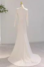 Sexy Mermaid Long Sleeves V Neckline Satin White Long Wedding Dresses Brides Dresses