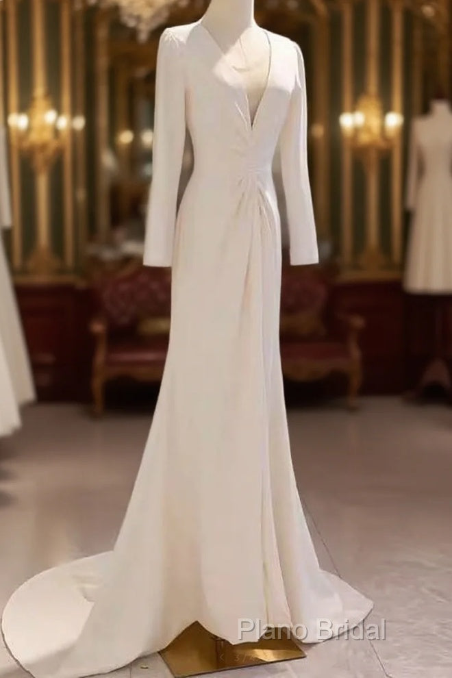 Sexy Mermaid Long Sleeves V Neckline Satin White Long Wedding Dresses Brides Dresses Main image