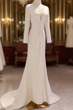 Sexy Mermaid Long Sleeves V Neckline Satin White Long Wedding Dresses Brides Dresses