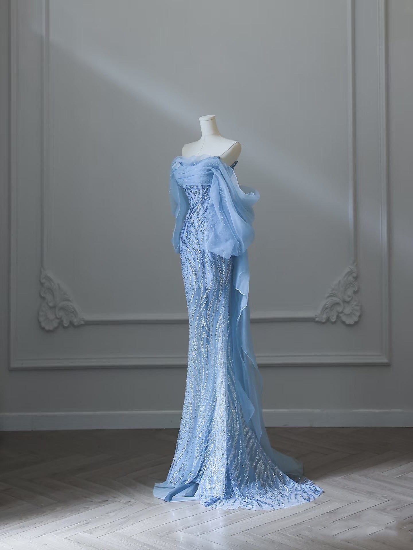 Sexy Mermaid Off The Shoulder Blue Sequin Long Formal Prom Dresses Formal Evening Gowns