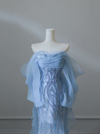 Sexy Mermaid Off The Shoulder Blue Sequin Long Formal Prom Dresses Formal Evening Gowns