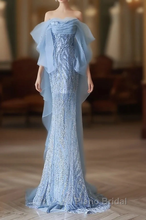 Sexy Mermaid Off The Shoulder Blue Sequin Long Formal Prom Dresses Evening Gowns Main image