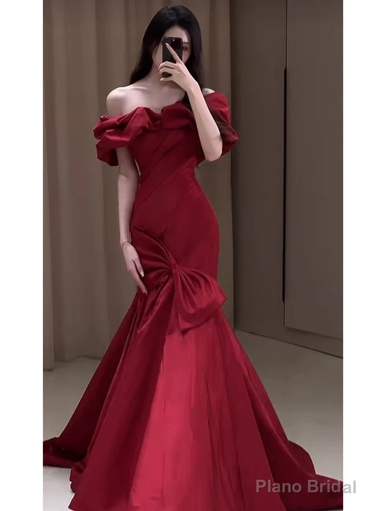 Sexy Mermaid Off The Shoulder Burgundy Satin Floor Length Evening Dress Prom Dresses
