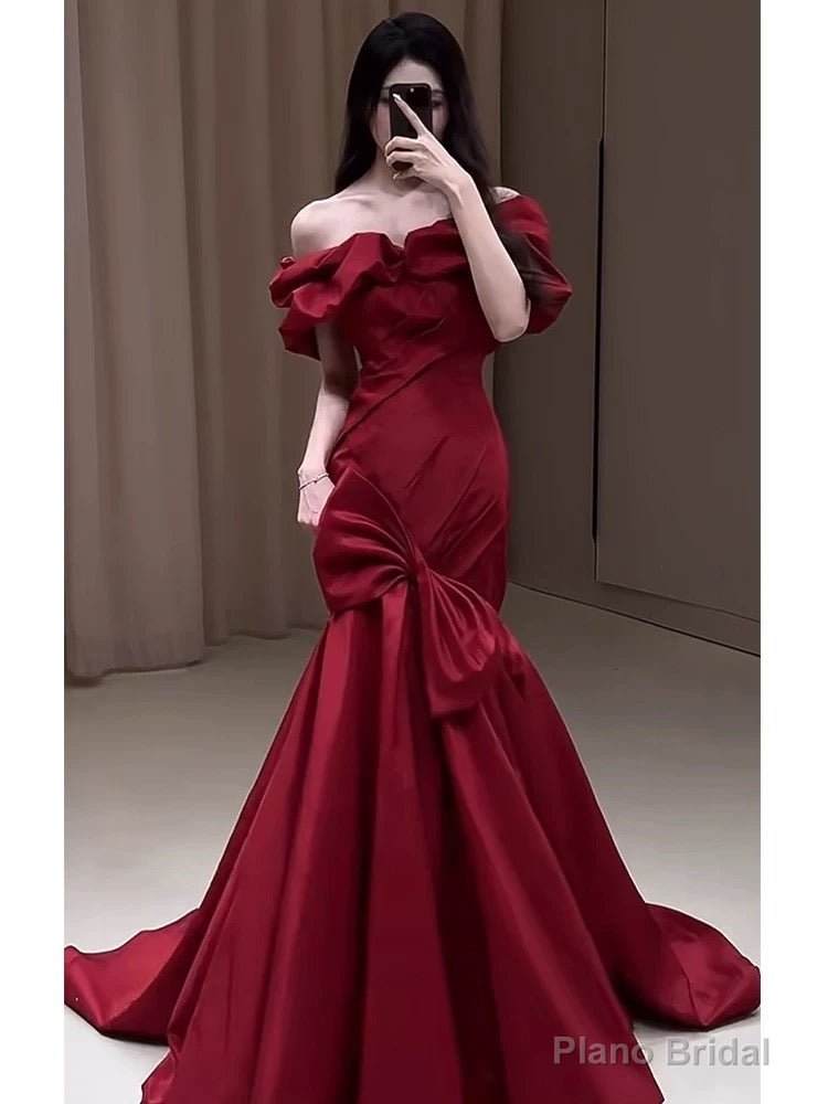 Sexy Mermaid Off The Shoulder Burgundy Satin Floor Length Evening Dress Prom Dresses Main image