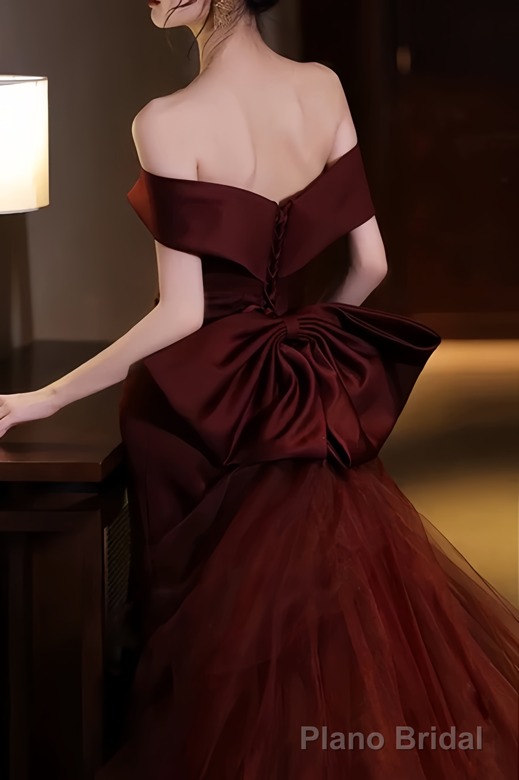 Sexy Mermaid Off The Shoulder Burgundy Tulle Floor Length Floral Prom Dresses