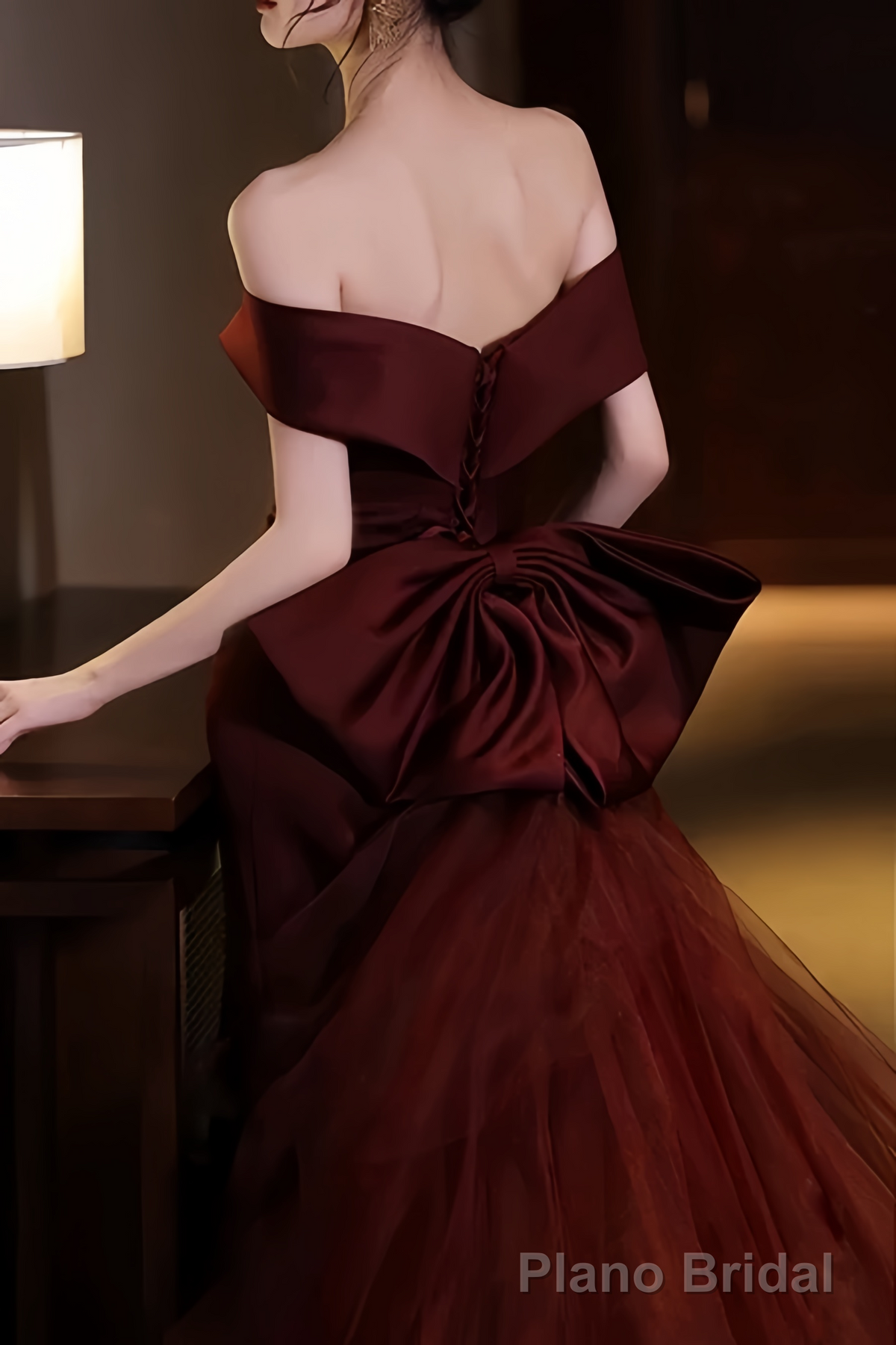 Sexy Mermaid Off The Shoulder Burgundy Tulle Floor Length Floral Prom Dresses