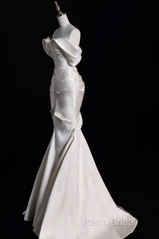 Sexy Mermaid Off The Shoulder Ivory Satin Long Wedding Dresses Brides Dresses