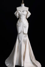Sexy Mermaid Off The Shoulder Ivory Satin Long Wedding Dresses Brides Dresses