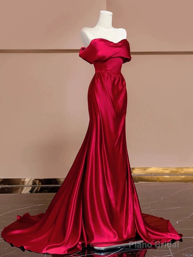 Sexy Mermaid Off The Shoulder Satin Red Floor Length Evening Dress Prom Dresses Secondary image
