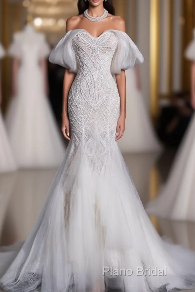 Sexy Mermaid Off The Shoulder White Lace Long Wedding Dresses Brides Dresses