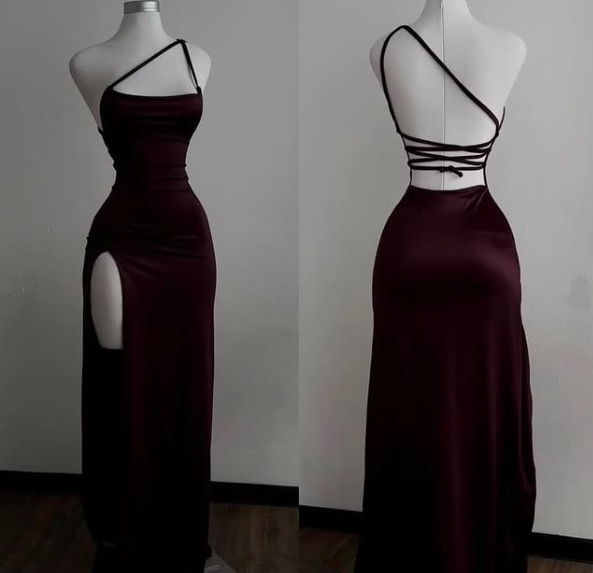 Sexy Mermaid One Shoulder Floor Length Burgundy Backless Formal Evening Dresses Formal Prom Dresses Main image