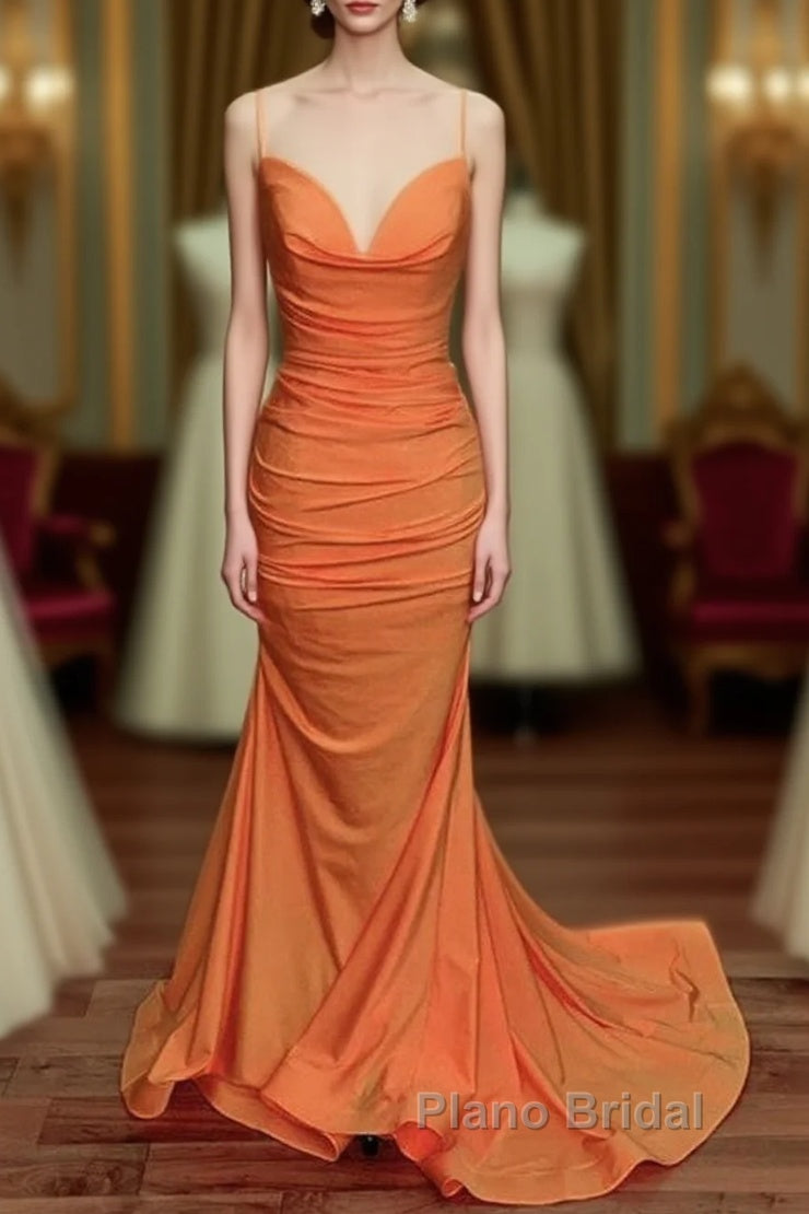 Sexy Mermaid Orange Satin Formal Prom Dresses