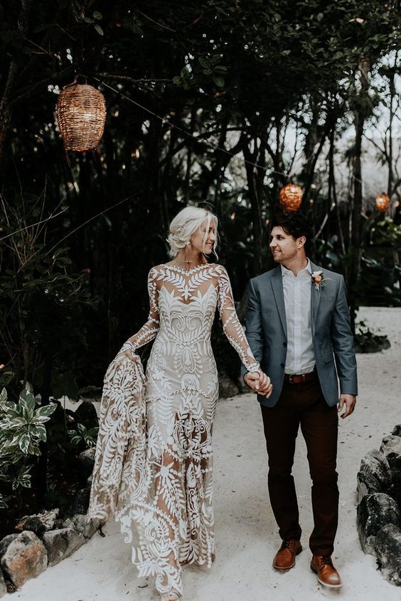 Sexy Mermaid Formal Prom Dresses Boho Lace Long Sleeves Spring Wedding Dresses