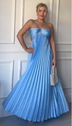 Sexy A Line Spaghetti Straps Blue Backless Formal Prom Dresses Long Party Dresses