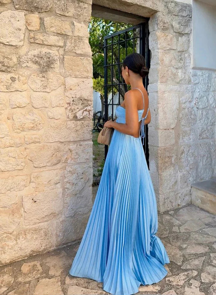 Sexy A Line Spaghetti Straps Blue Backless Formal Prom Dresses Long Party Dresses Main image