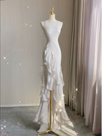 Sexy Mermaid Scoop Satin Night Party Dresses White Long Formal Prom Dresses