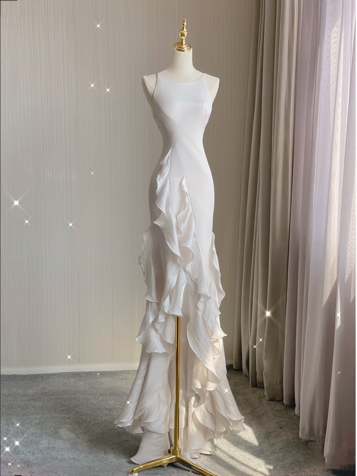 Sexy Mermaid Scoop Satin Night Party Dresses White Long Formal Prom Dresses