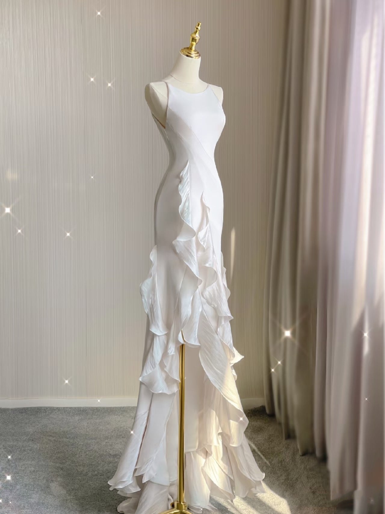Sexy Mermaid Scoop Satin Night Party Dresses White Long Formal Prom Dresses